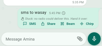 A stuck message showing the row: no radio could deliver this, hand it over, with SMS, Share, Beam and Chirp buttons.
