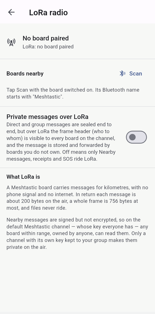 The LoRa radio screen: no board paired, a Scan button for Meshtastic boards, and Private messages over LoRa switched off.