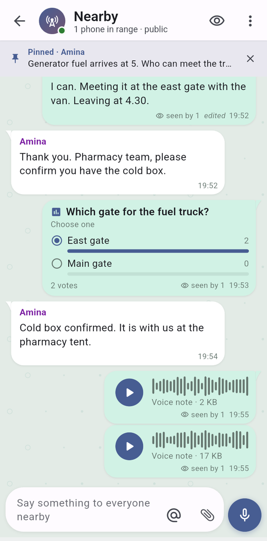 The public Nearby room on a phone: a pinned message bar, a quoted reply marked edited and seen by 1, a thumbs-up reaction, a poll reading East gate 2, Main gate 0, and two voice notes.