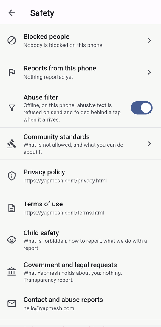 The Safety screen: blocked people, reports from this phone, the abuse filter switch, community standards, privacy, terms, child safety and legal requests.