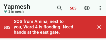 An SOS banner across the top of a phone: SOS from Amina, next to you, Ward 4 is flooding, need hands at the east gate.