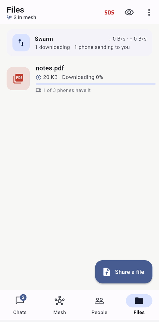 Files on a phone: the swarm panel and a PDF that 2 of 3 phones have.
