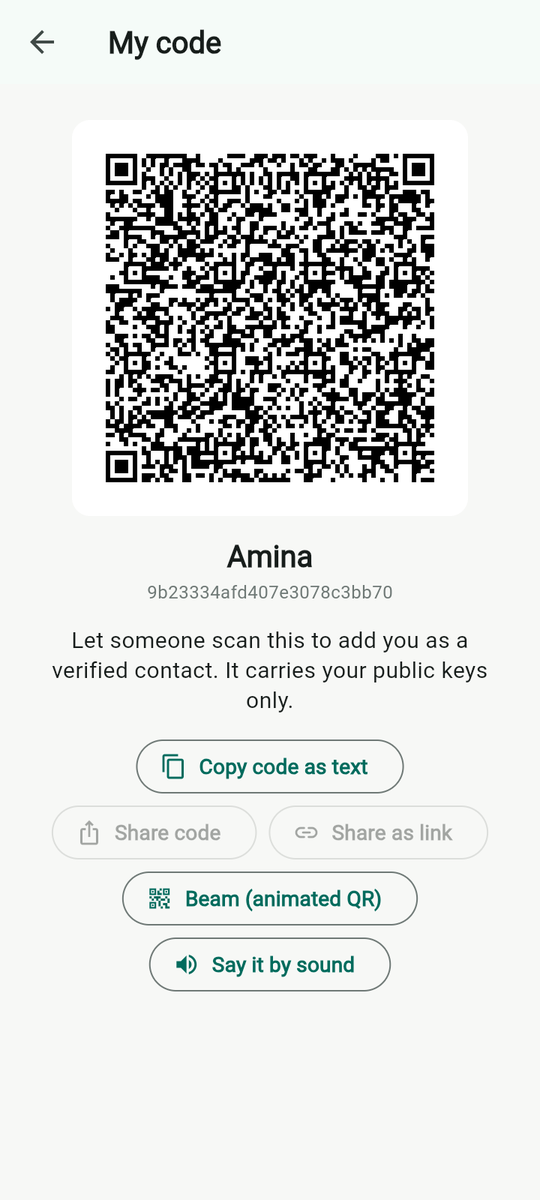 My code: the QR, your name and id, and the ways to hand it over.