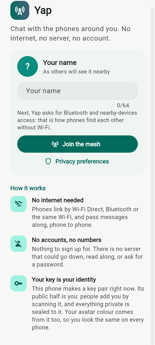 The first screen: your name, Join the mesh, Privacy preferences, and How it works.