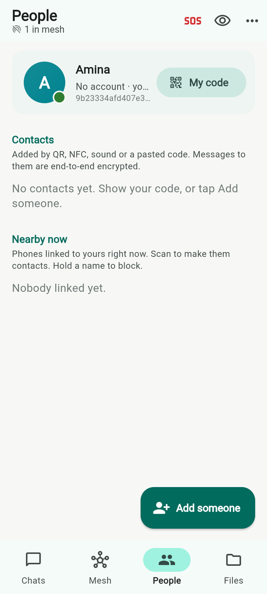 People on a fresh install: your own card with My code, and the two empty lists.
