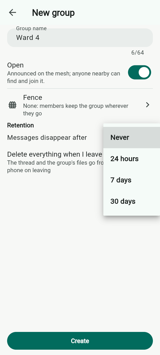Messages disappear after: Never, 24 hours, 7 days, 30 days.